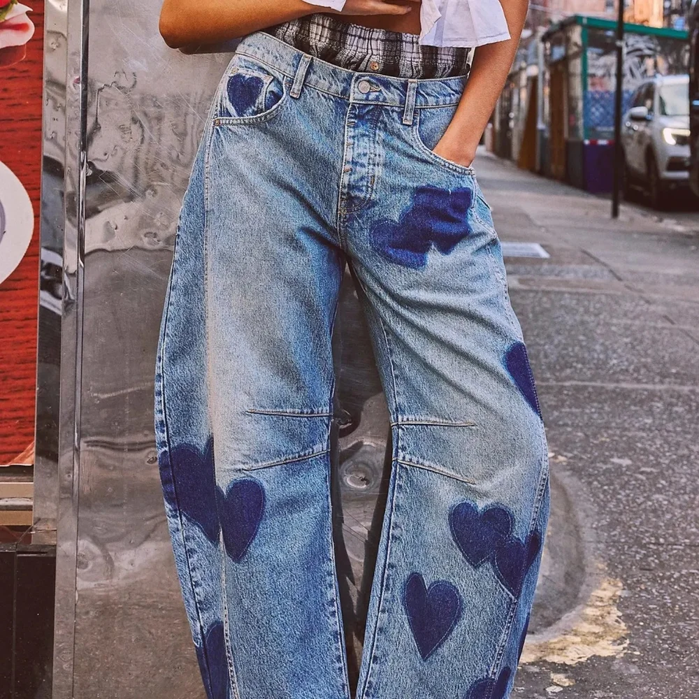Jeans Women Print Long Pants Casual Loose Denim Blue - Picture 1 of 5